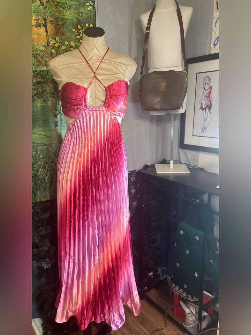 Pink Ombre Pleated Halter Boutique Maxi Dress- NWOTs